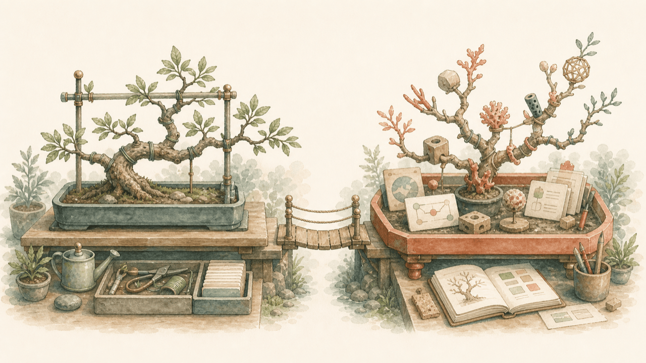 Illustration of two separate but connected workbenches, representing parallel Claude Code worktrees